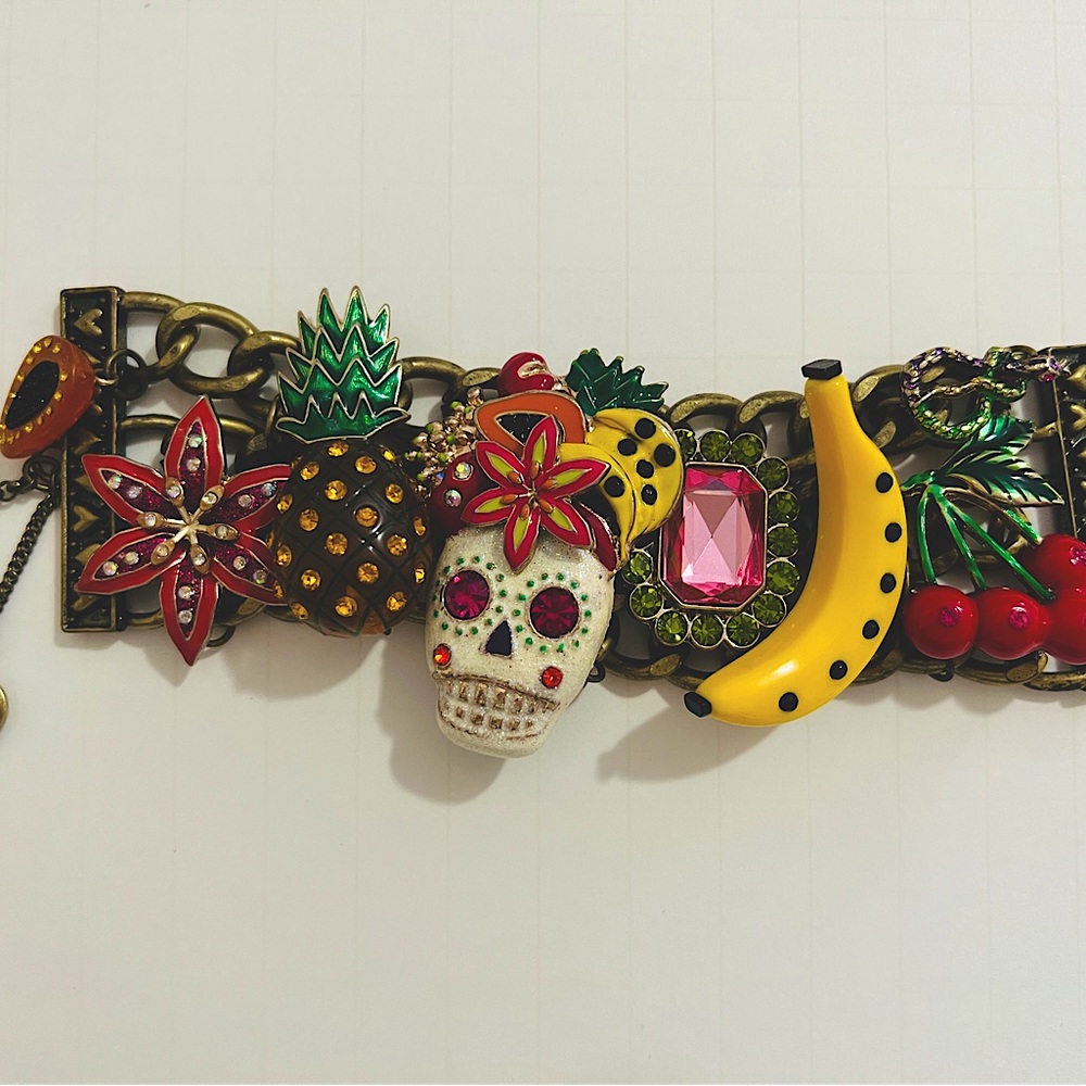 Betsey Johnson Day of the Dead, calavera, sugar skull, tropical fruit bracelet
